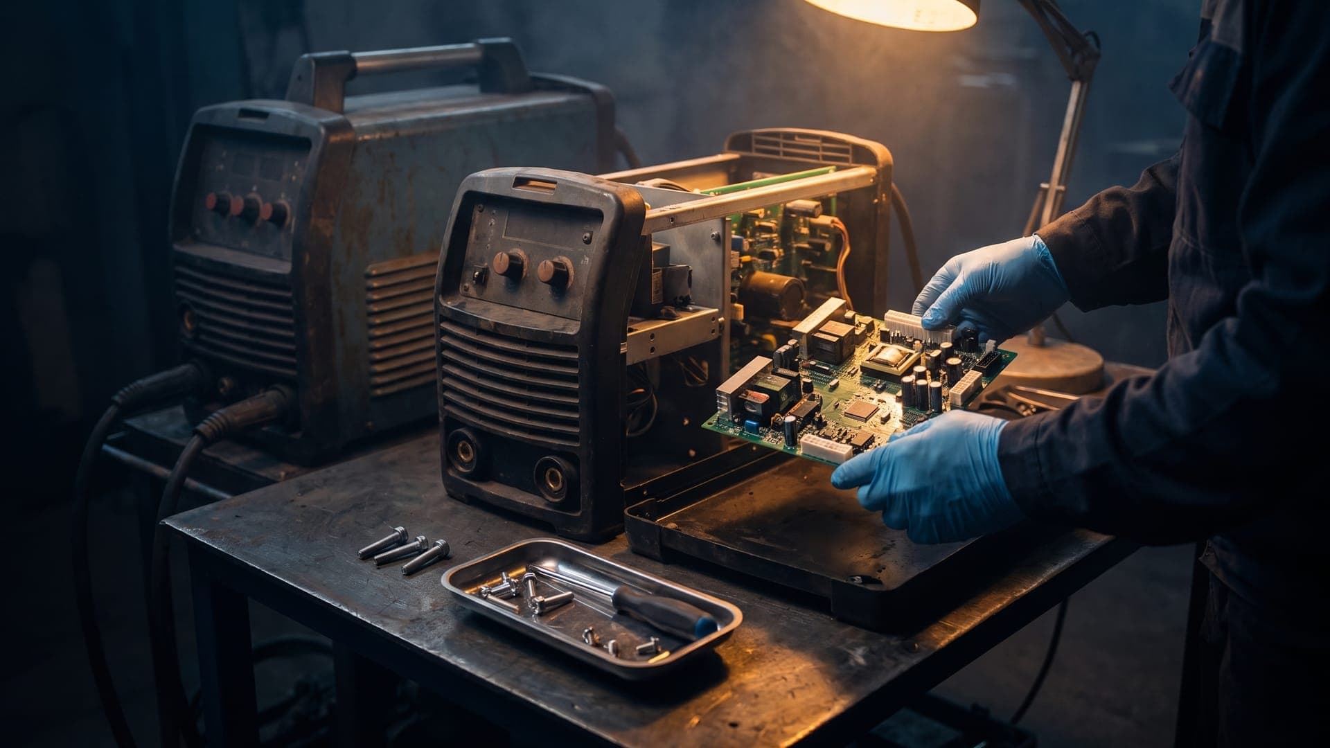 Técnico revisando el interior de una máquina de soldar en el taller